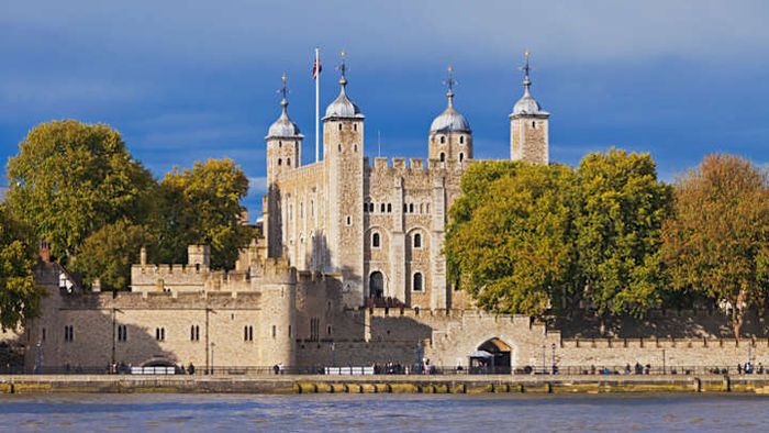A view of the Tower of London from the River Thames.