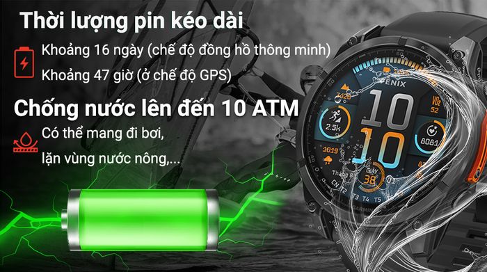Garmin Fenix 8 47mm viền thép - Pin và Chống nước 