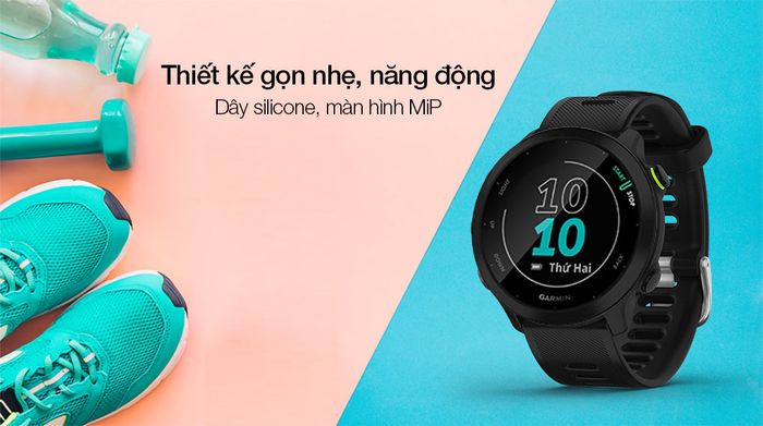 Đồng hồ thông minh Garmin Forerunner 55 dây silicone đen có thiết kế gọn nhẹ, năng động