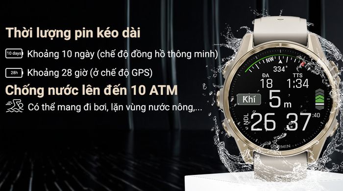 Garmin Fenix 8 Sapphire 43mm viền Titanium - Pin và Chống nước
