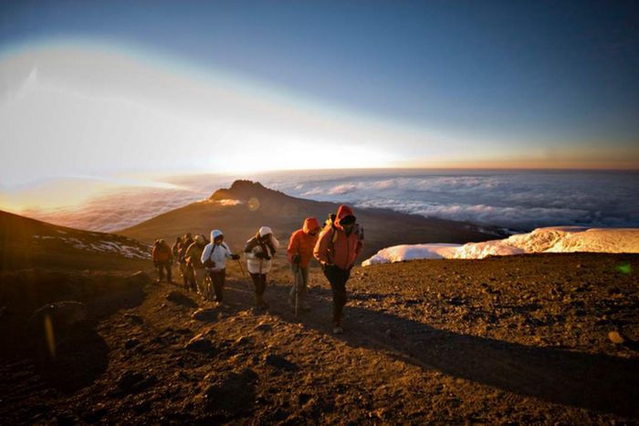 A group of hikers nearing Mount Kilimanjaro’s summit at sunrise.
