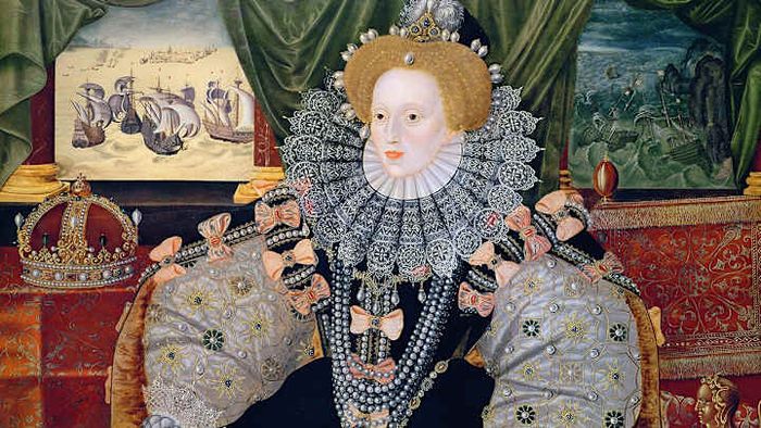 A close-up from a portrait of Queen Elizabeth I, created to celebrate the victory over the Spanish Armada, which is illustrated in the backdrop.