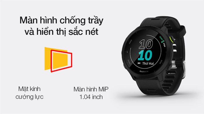 Đồng hồ thông minh Garmin Forerunner 55 dây silicone đen có màn hình chống trầy, hiển thị rõ nét