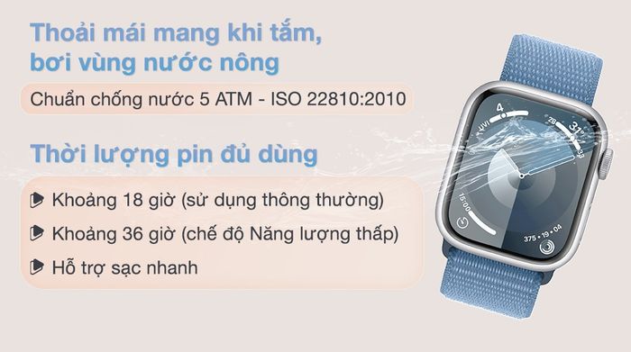 Apple Watch S9 GPS 41mm viền nhôm dây vải - Pin và Chống nước