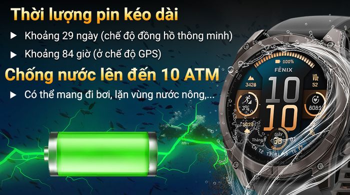 Garmin Fenix 8 Sapphire 51mm viền Titanium - Pin và Chống nước