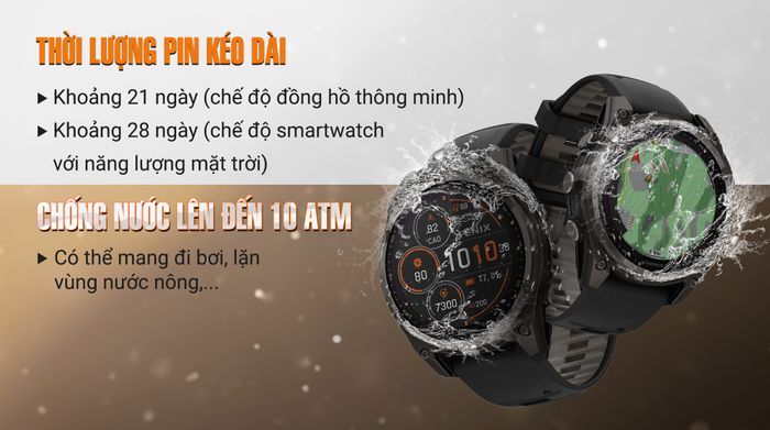 Garmin Fenix 8 Sapphire Solar 47mm viền Titanium - Pin và Chống nước