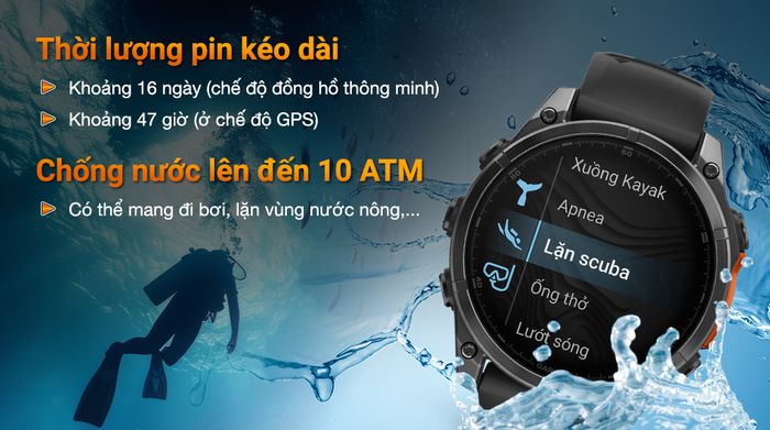 Garmin Fenix 8 Sapphire 47mm viền Titanium - Pin và Chống nước