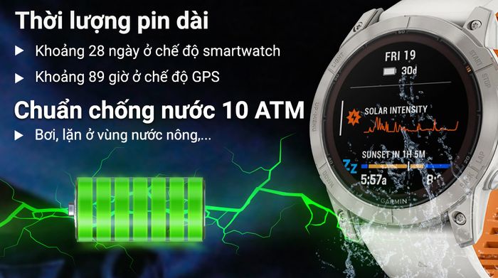 Garmin Fenix 7X Pro Solar Titanium - Pin và chống nước
