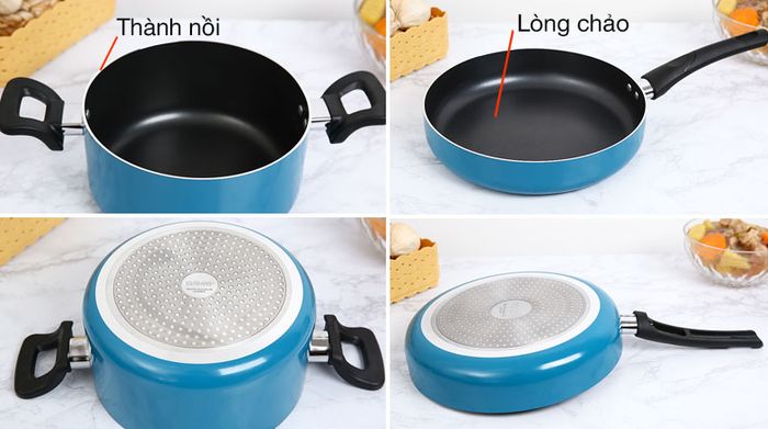 Chịu nhiệt độ lên tới 400 độ C - Bộ nồi chảo nhôm chống dính đáy từ Hommy BE004-20-26 Xanh