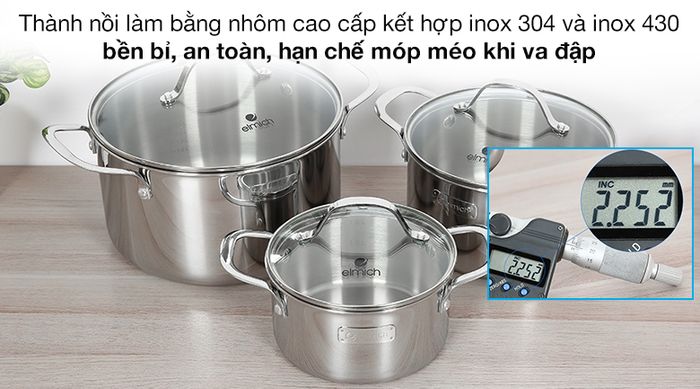 Bộ 3 cái nồi inox 3 đáy nắp kính Elmich Trimax EL-3741 - Độ dày