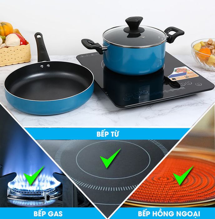 Dùng được trên bếp từ, bếp gas, bếp hồng ngoại - Bộ nồi chảo nhôm chống dính đáy từ Hommy BE004-20-26 Xanh