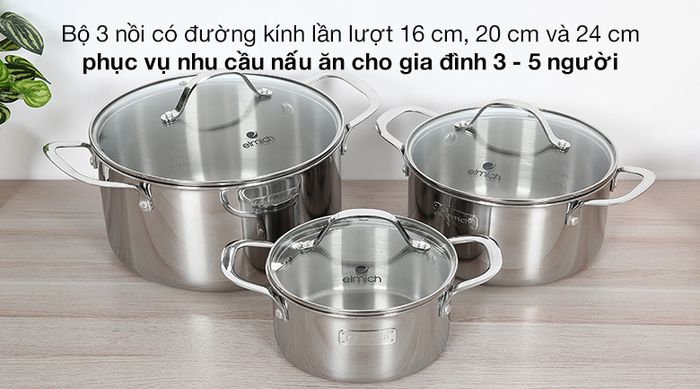 Bộ 3 cái nồi inox 3 đáy nắp kính Elmich Trimax EL-3741 - Đường kính