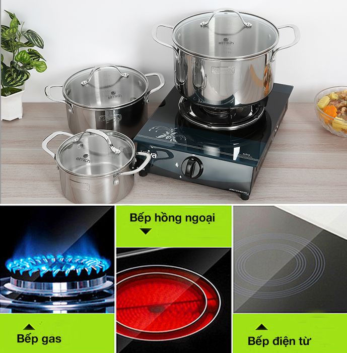 Bộ 3 cái nồi inox 3 đáy nắp kính Elmich Trimax EL-3741 - Sử dụng được trên đa dạng loại bếp