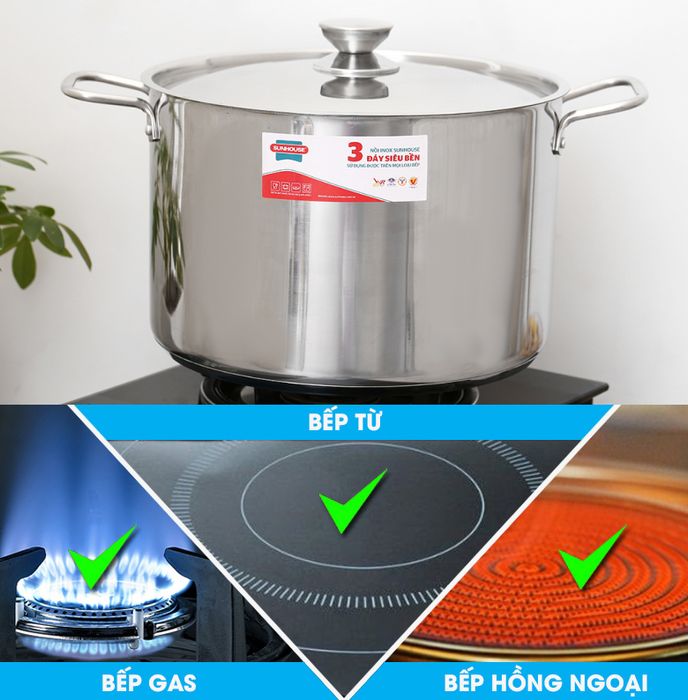 Dùng được cho bếp gas, bếp từ, bếp hồng ngoại - Nồi Inox 3 đáy nắp inox 30 cm Sunhouse SHG300-30