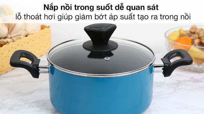 Nắp nồi trong suốt dễ quan sát - Bộ nồi chảo nhôm chống dính đáy từ Hommy BE004-20-26 Xanh