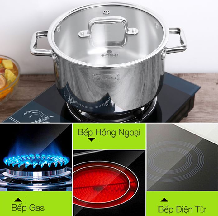 Dùng tốt trên cả bếp ga, bếp hồng ngoại và bếp từ - Nồi inox 3 đáy nắp kính 24cm Elmich Trimax Eco EL-3995