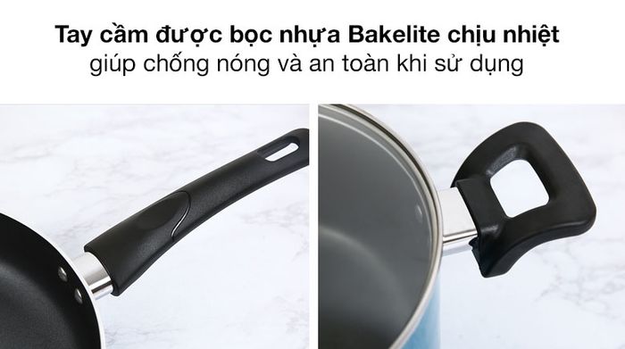 Tay cầm của 2 sản phầm đều được bọc nhựa Bakelite chịu nhiệt - Bộ nồi chảo nhôm chống dính đáy từ Hommy BE004-20-26 Xanh