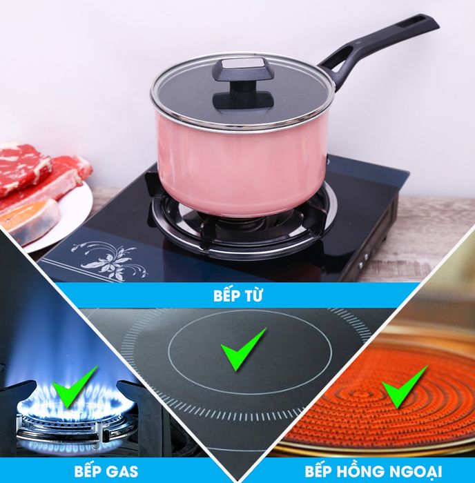 Quánh nhôm chống dính nắp kính 18cm Kims Cook EARM318H - Dùng được trên bếp ga, bếp hồng ngoại, bếp từ
