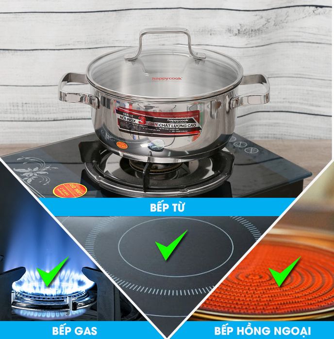 Nồi dùng tốt trên các bếp hồng ngoại, bếp gas và bếp từ - Nồi Inox 3 đáy 20 cm Happycook N20 MLGP