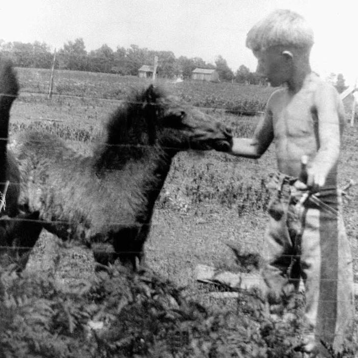A young Jimmy Carter gently stroking a colt in the 1920s.