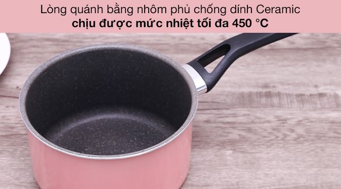 Quánh nhôm chống dính nắp kính 18cm Kims Cook EARM318H - Lòng nồi bằng nhôm phủ chống dính