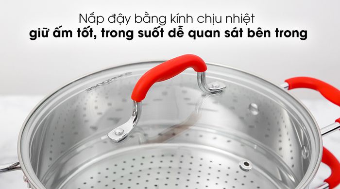 Bộ nồi xửng inox 5 đáy nắp kiếng 24cm Sunhouse SHG507-24 - Nắp đậy bằng kính chịu nhiệt tố
