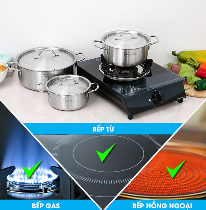 Bộ 3 nồi inox Fivestar HT Cook HT-06DN - Có đáy từ nên dùng tốt trên bếp hồng ngoại, bếp từ, bếp gas