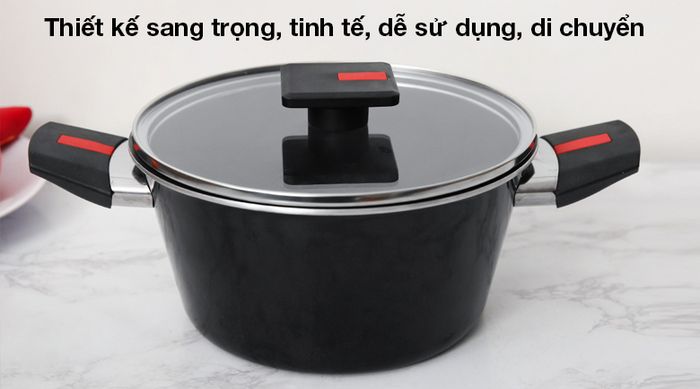 Nồi nhôm nắp kính 20cm Kims Cook NAB520 - Thiết kế đẹp mắt với màu đen sang trọng kết hợp tông đỏ thời thượng