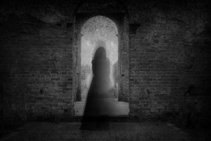 A eerie female ghost in a dress, seen from behind, standing in the archway of an ancient building