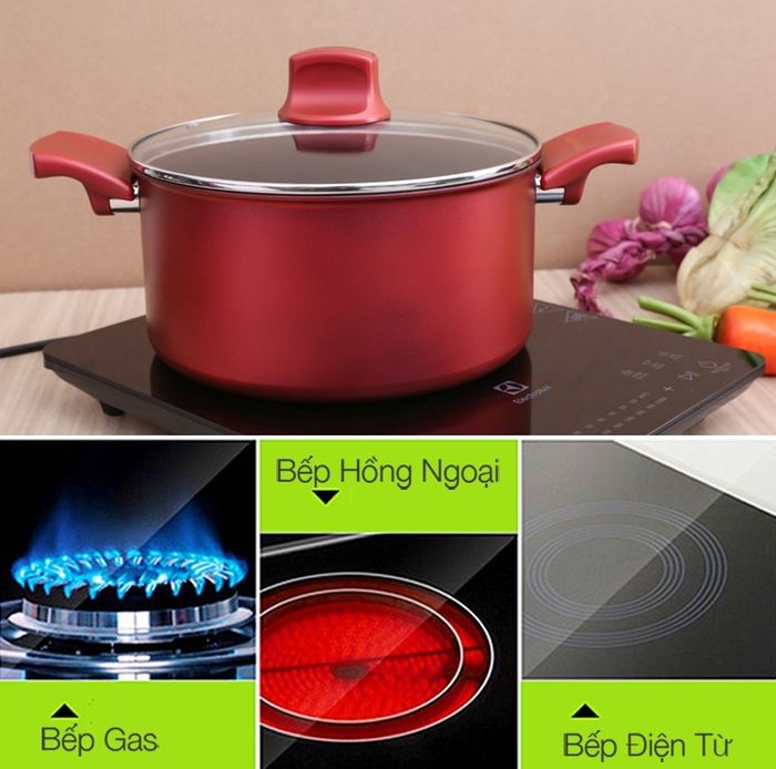 Dùng được trên bếp gas, bếp hồng ngoại và cả bếp từ - Nồi nhôm chống dính đáy từ 24 cm Tefal C6824672