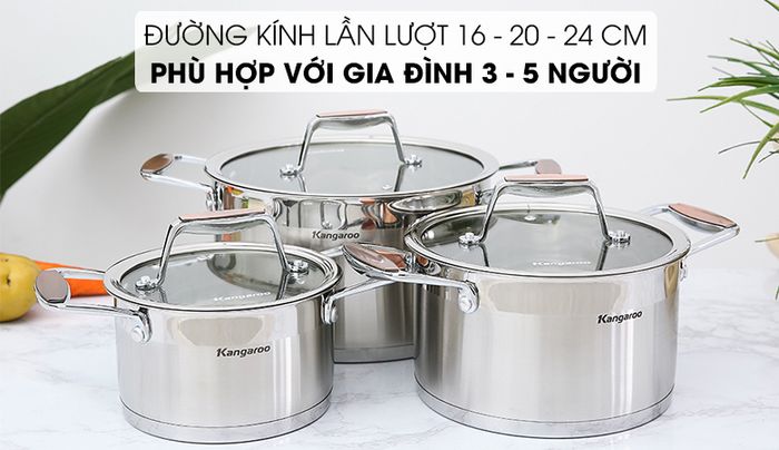 Đường kính - Bộ 3 nồi inox 5 đáy Kangaroo KG3CS2