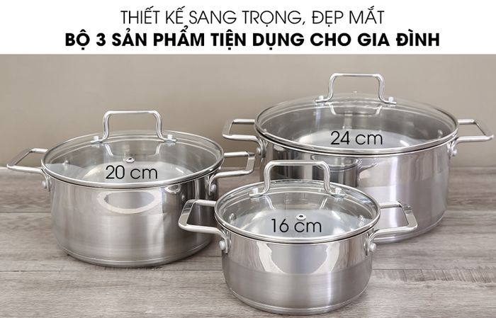 Thiết kế Bộ 3 nồi inox 3 đáy nắp kiếng Hommy BE005