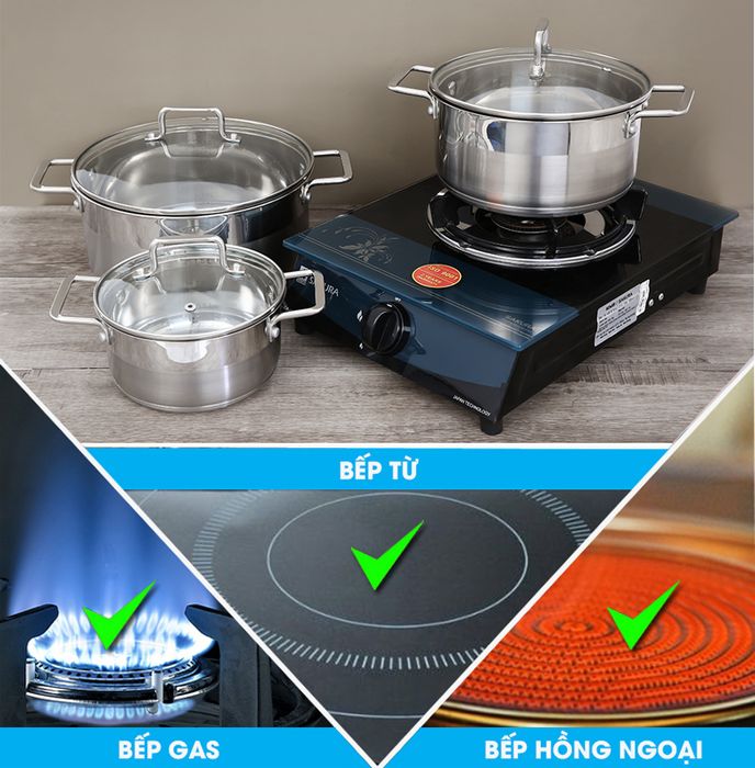 Dùng được trên bếp từ Bộ 3 nồi inox 3 đáy nắp kiếng Hommy BE005