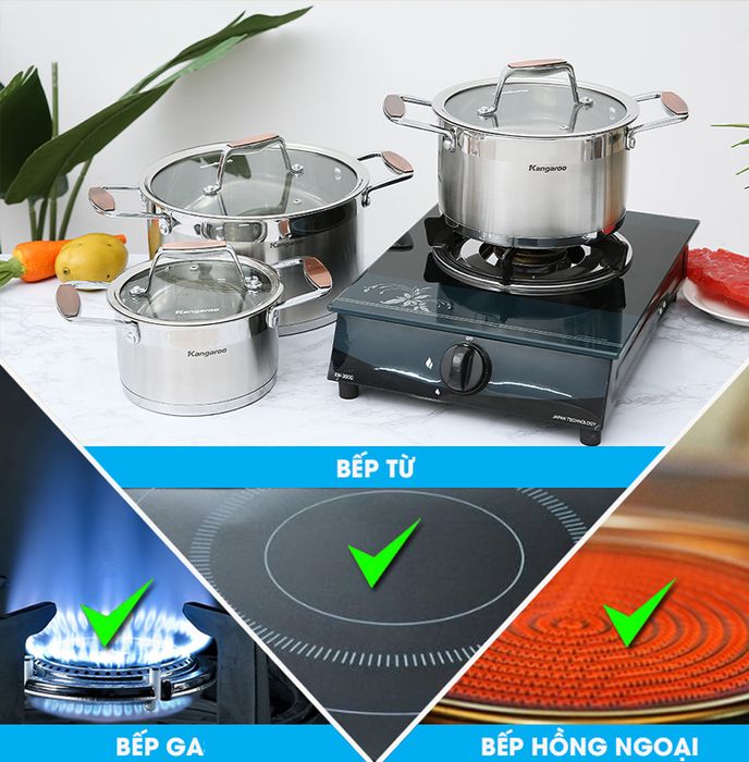 Bếp từ - Bộ 3 nồi inox 5 đáy Kangaroo KG3CS2