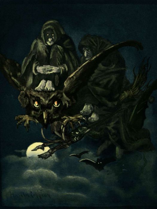 two eerie witches soar on a massive owl above bats, a glowing full moon, and drifting clouds