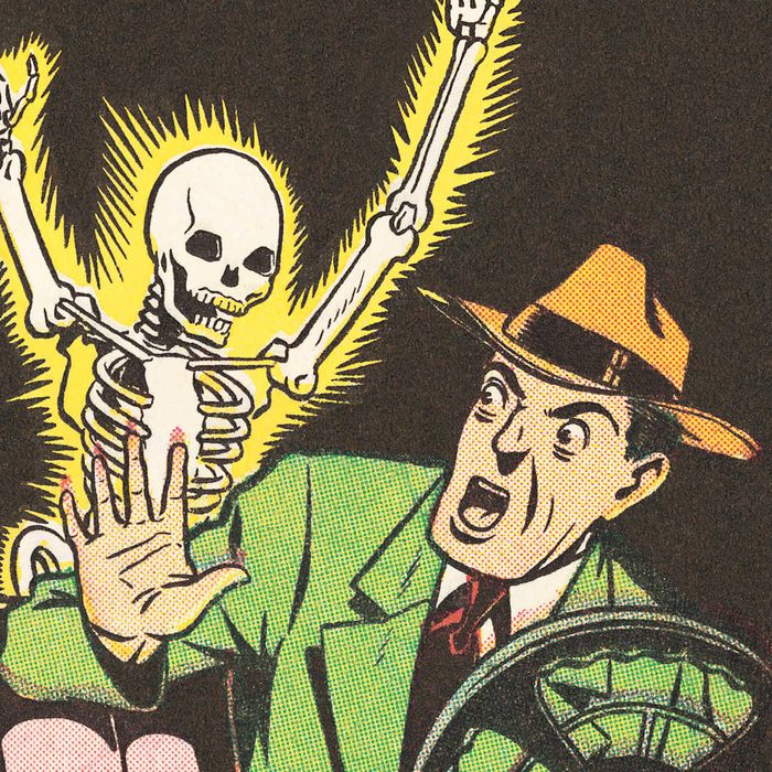 illustration of a skeleton frightening a man driving a car