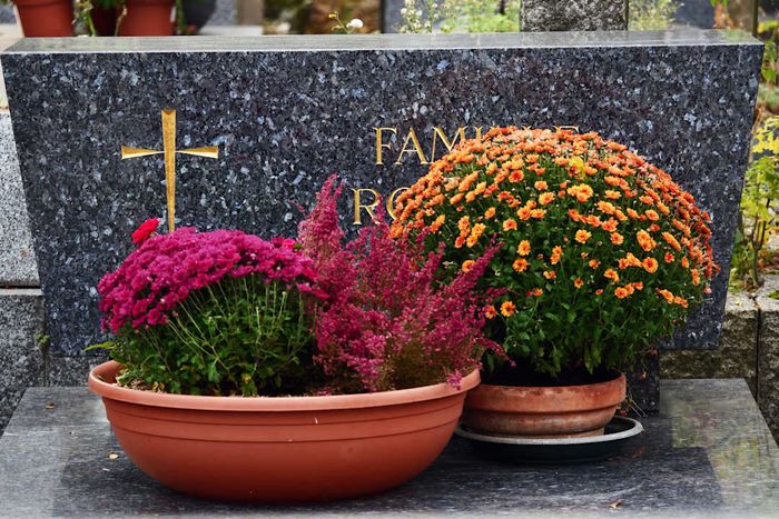 autumn blooms on a tombstone