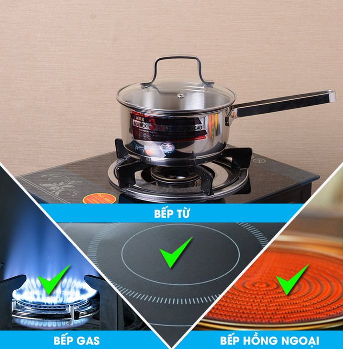 Sử dụng tốt trên các bếp từ, bếp hồng ngoại và bếp gas - Quánh inox 3 đáy 16 cm HappyCook Q16 MLGP - KG