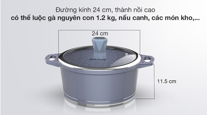 Đường kính - Nồi nhôm chống dính nắp kính 24cm Sunhouse SHG2024MMA