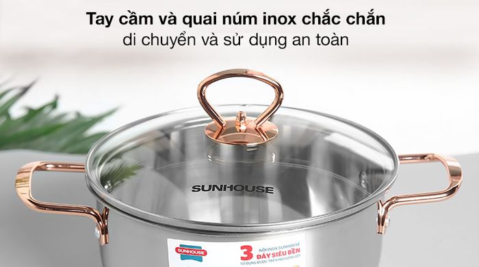 Quai núm, tay cầm inox - Bộ 3 nồi Inox 3 đáy nắp kính Sunhouse SHG306