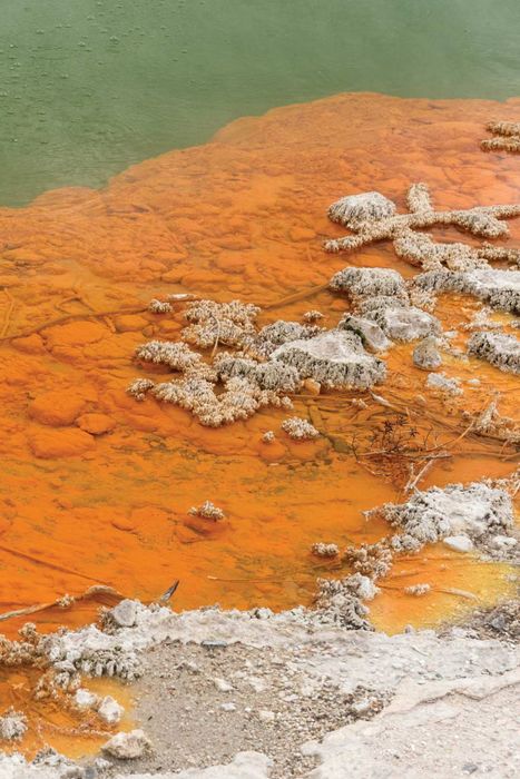 Orpiment deposits near Champagne Pool in the Wai-O-Tapu geothermal area, New Zealand.
