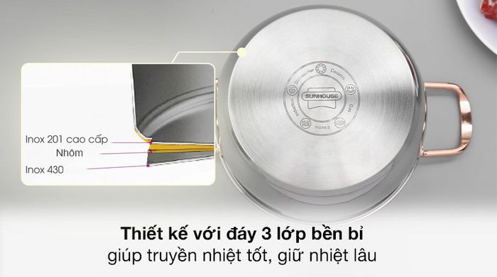 Cấu tạo đáy 3 lớp - Bộ 3 nồi Inox 3 đáy nắp kính Sunhouse SHG306