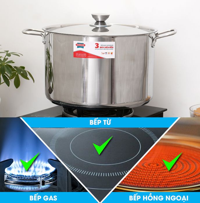 Dùng tốt trên bếp ga, bếp hồng ngoại và bếp từ - Nồi Inox 3 đáy nắp inox 32 cm Sunhouse SHG300-32