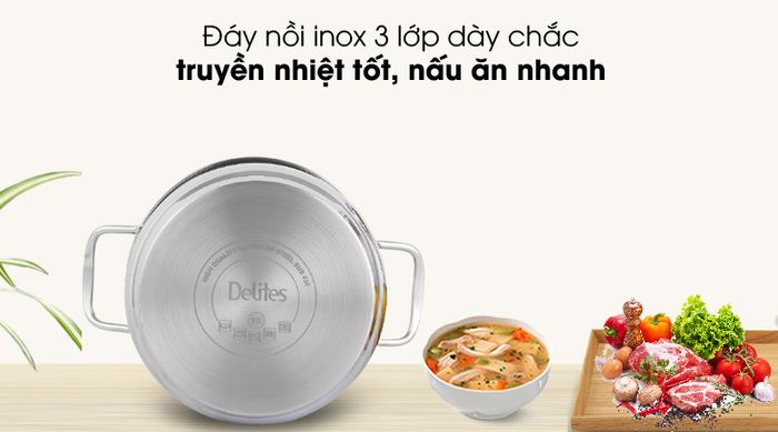 Đáy phẳng dày - Nồi inox 3 đáy Delites NR003-18 18cm