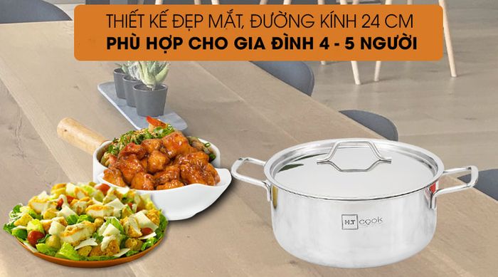Thiết kế - Nồi inox 1 đáy nắp inox HT Cook N24-1DHT 24cm
