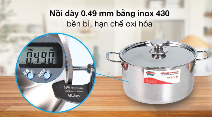 Độ dày - Nồi inox 1 đáy nắp inox 24cm Sunhouse SHG120-24