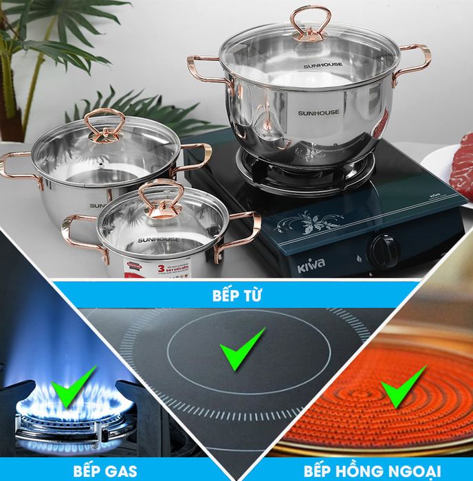 Sử dụng an toàn - Bộ 3 nồi Inox 3 đáy nắp kính Sunhouse SHG306