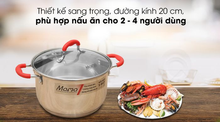 Sang đẹp - Nồi inox 5 đáy nắp kiếng 20cm Sunhouse Mama SHG2520MSD
