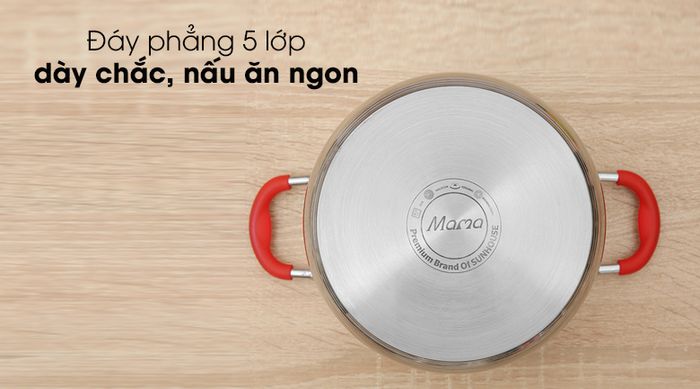 Đáy phẳng, dày - Nồi inox 5 đáy nắp kiếng 20cm Sunhouse Mama SHG2520MSD