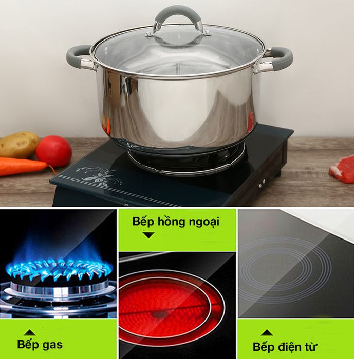 Dùng được với bếp - Nồi inox 3 đáy nắp kiếng 28cm Hommy CW-S042-28